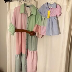 Mom & Baby Matching outfit dress pin strip dress belt preppy mom 1XL baby 9-12m